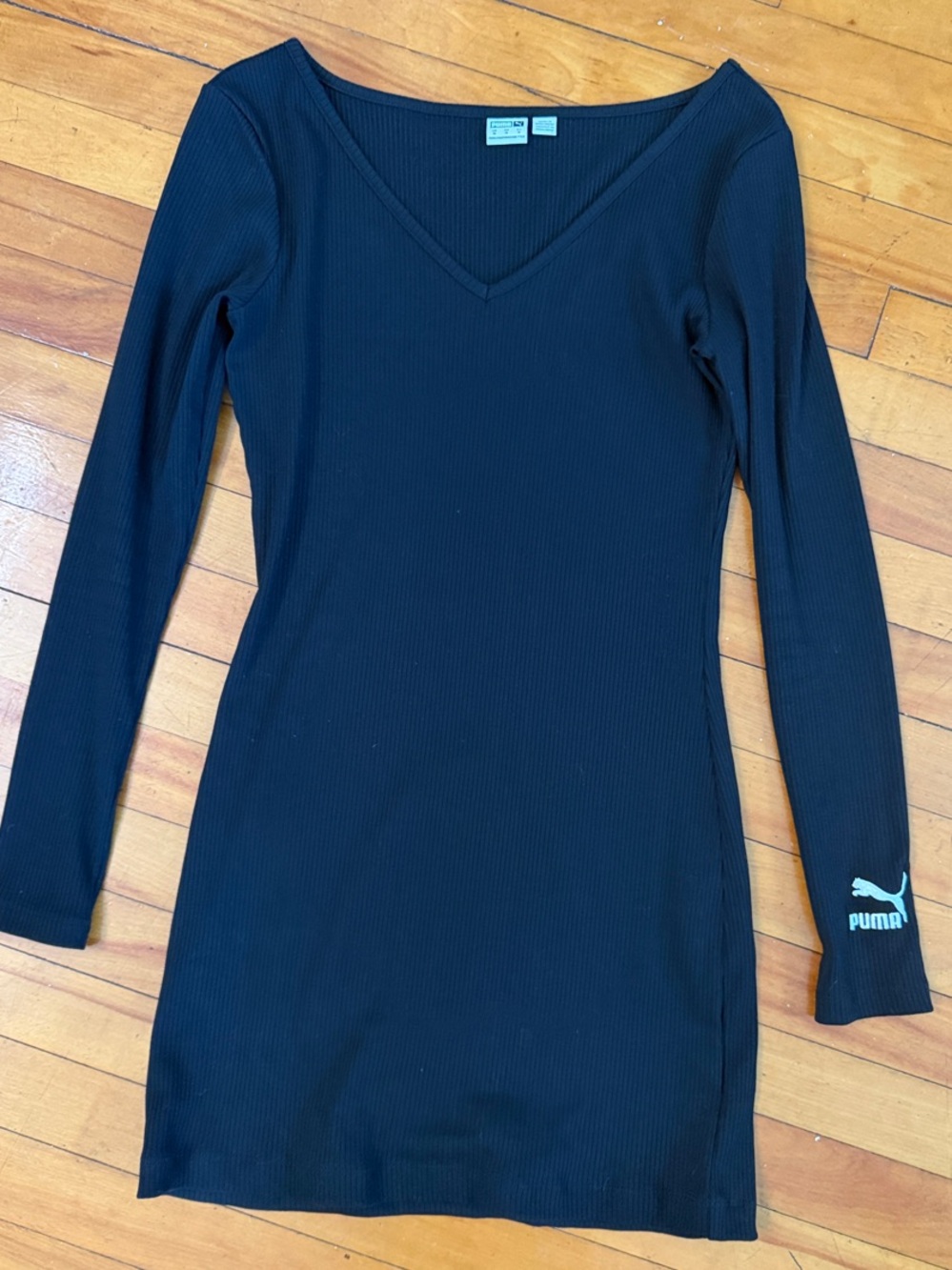 Puma Black Ribbed V-Neck Long-Sleeve Mini Dress